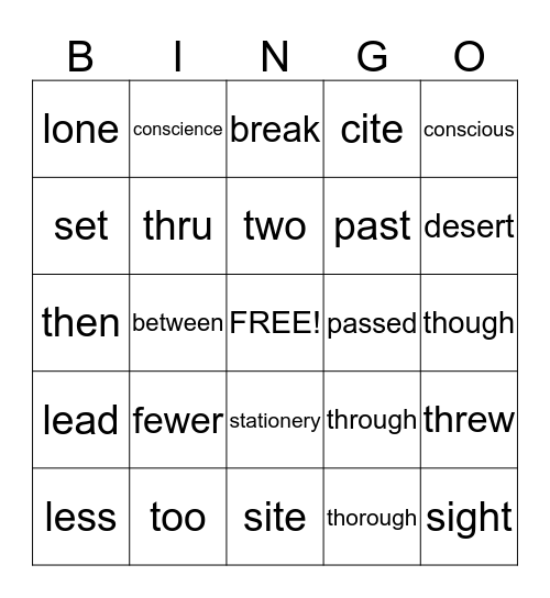 Commonly Confused Words Bingo Card