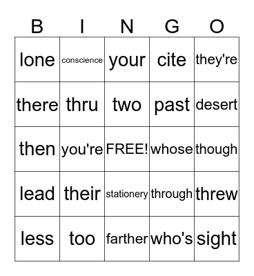 Commonly Confused Words Bingo Card