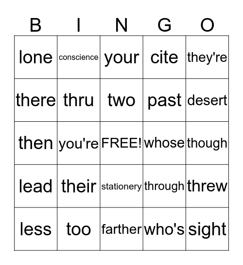 Commonly Confused Words Bingo Card