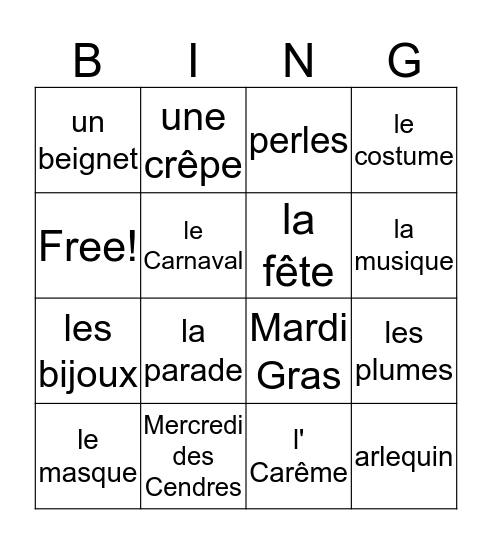 Mardi Gras Bingo Card