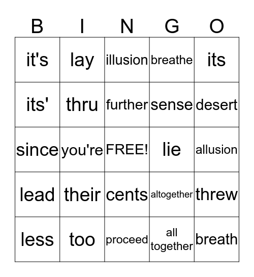 Commonly Confused Words Bingo Card