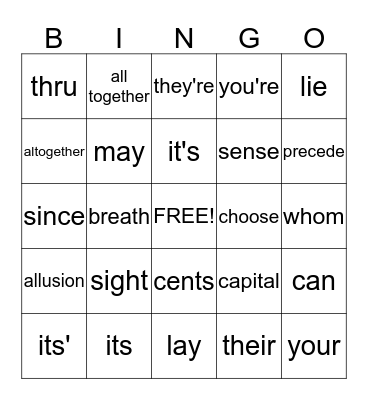 COMMONLY CONFUSED WORDS Bingo Card