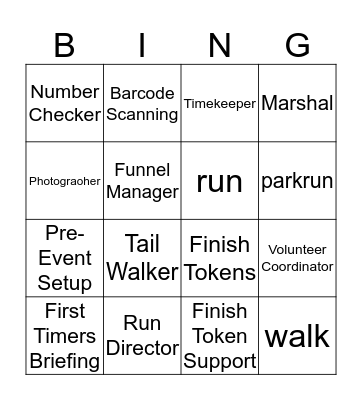 parkrun Volunteer Bingo Card