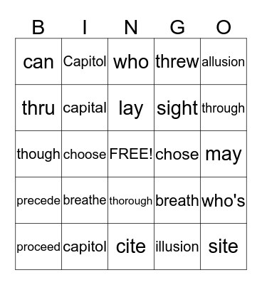 COMMONLY CONFUSED WORDS Bingo Card