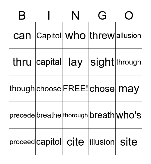 COMMONLY CONFUSED WORDS Bingo Card
