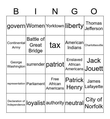 VS.5: American Revolution Review Bingo Card