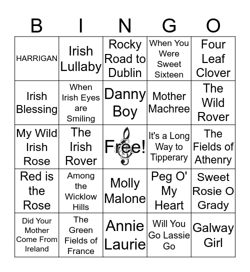 Luck of the Irish Music Bingo Card