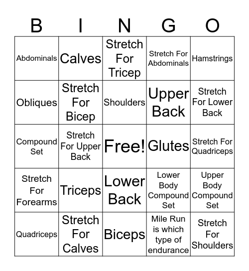 Fitness Bingo Card