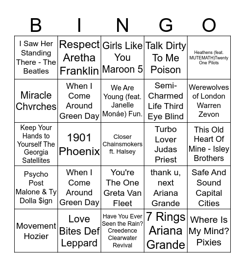 Skyline Tavern Music Bingo Card