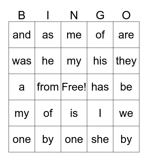 Kinder Sight Words Bingo Card
