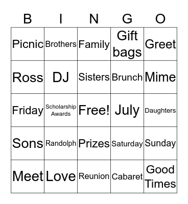 Randolph-Ross Family Reunion 2019 Bingo Card