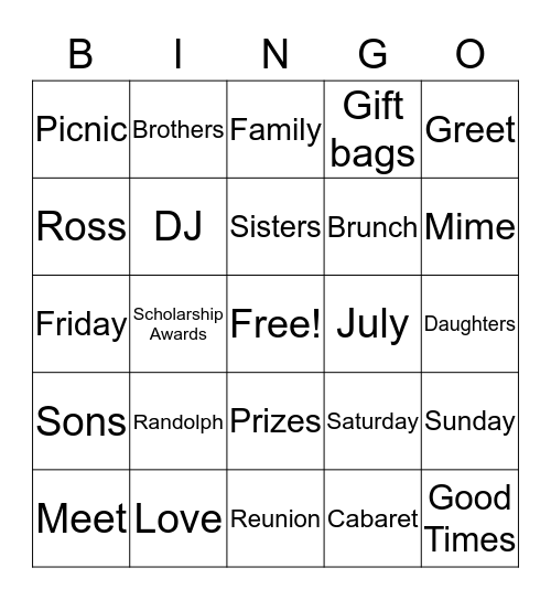 Randolph-Ross Family Reunion 2019 Bingo Card