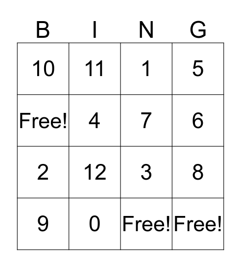 Multiplication Facts: 0 & 1 Bingo Card