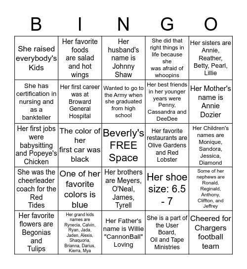 Beverly Bingo Card