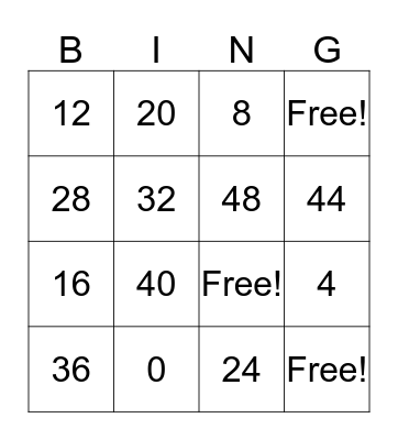 Multiplication Facts: 4 Bingo Card