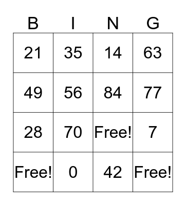 Multiplication Facts: 7 Bingo Card