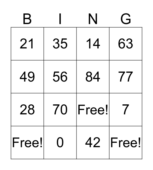 Multiplication Facts: 7 Bingo Card