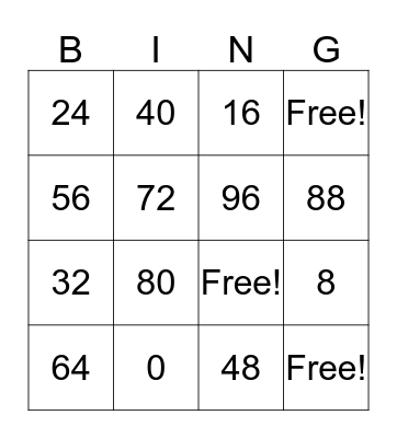 Multiplication Facts: 8 Bingo Card