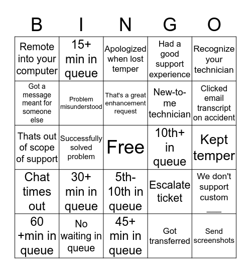 Support Bingo Card