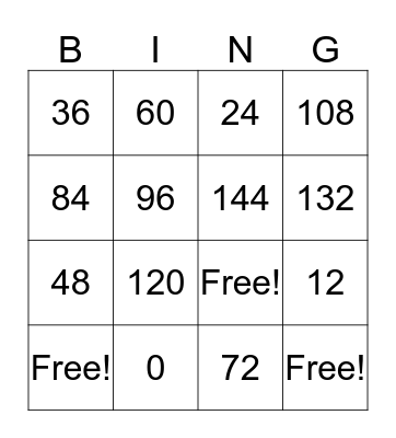 Multiplication Facts: 12 Bingo Card