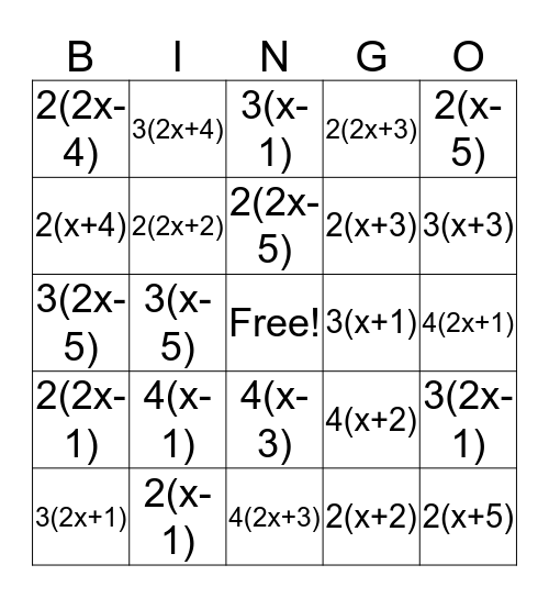 Distributive Property Expressions with Variables Bingo Card