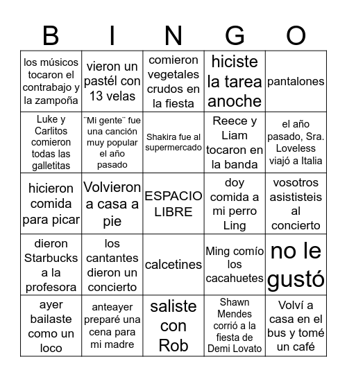 bingo 8.1 + preterito AR ER IR regular 7-1 Bingo Card