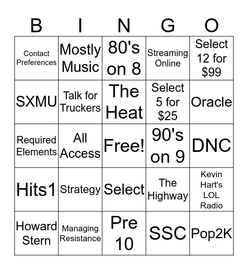 SiriusXM Bingo Card