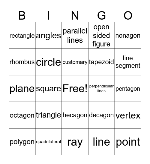 Geometry Bingo Card