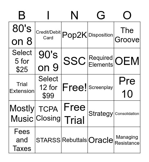 SiriusXM Bingo Card