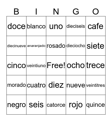 Colores Y Numeros Bingo Card