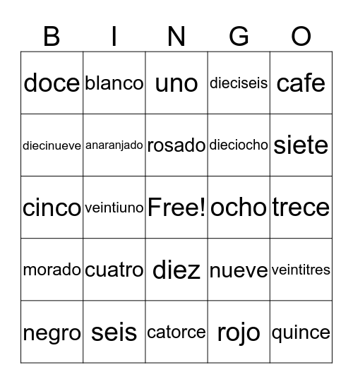 Colores Y Numeros Bingo Card