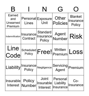 Insurance Bingo Card