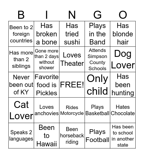 Woodburn Students Bingo Card