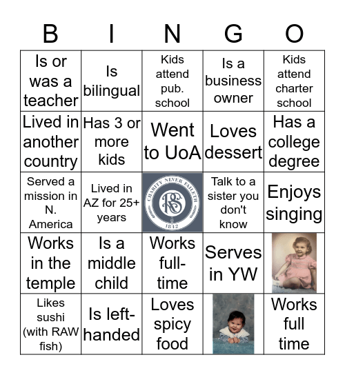 Cortina 5th Ward Relief Society Bingo Card