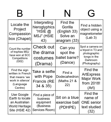 MSJ Open Day Bingo Card