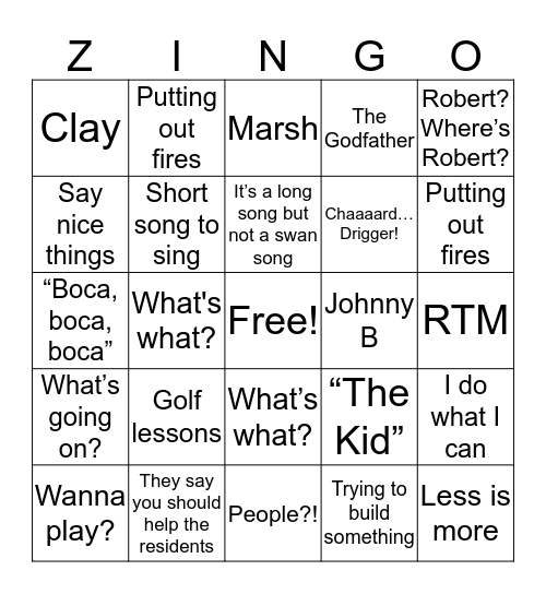 ZINGO Bingo Card