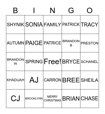 NANNY'S FAMILY BINGO Card
