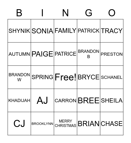 NANNY'S FAMILY BINGO Card