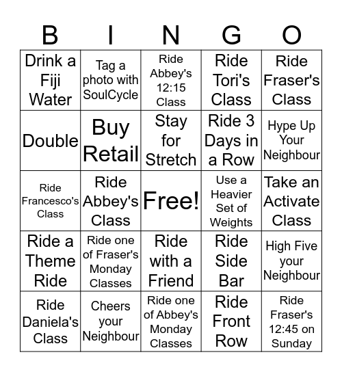 SoulCycle YLTN Bingo Card