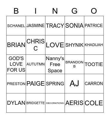 Nanny's Family Bingo Card