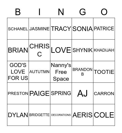 Nanny's Family Bingo Card