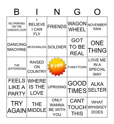 Kamikazi Karaoke Bingo Card