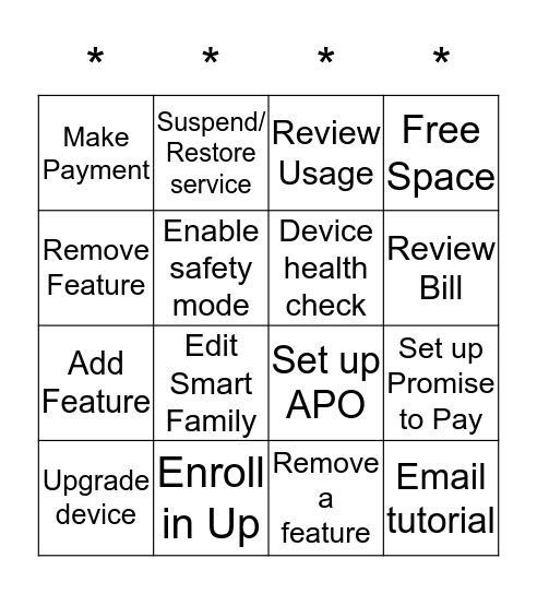 My Verizon App Bingo Card