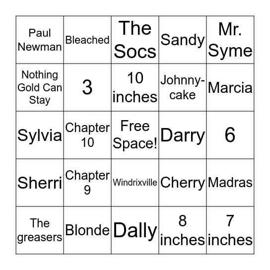 The Outsiders Bingo Card