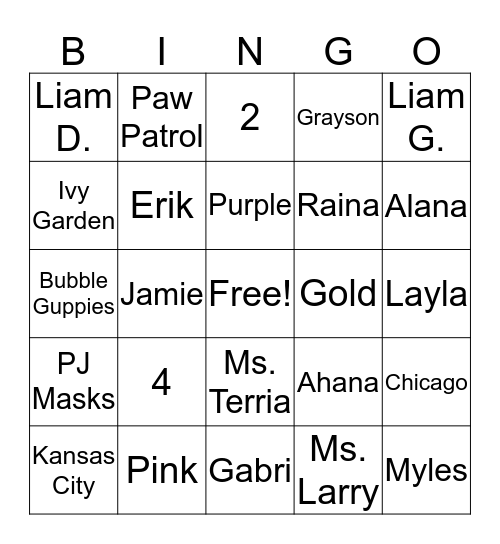 Grayson and Gabri's Bingo Game Bingo Card