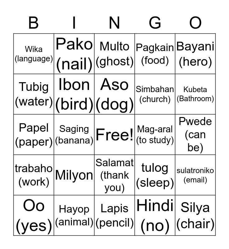 Tagalog Bingo Card