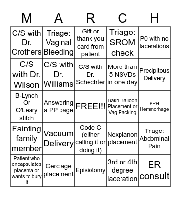 ObGyn Bingo Card