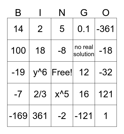 Powers, Roots, and Radicals BINGO Card