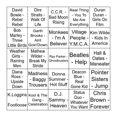 D.J. Daves Pop Music Bingo Game Bingo Card