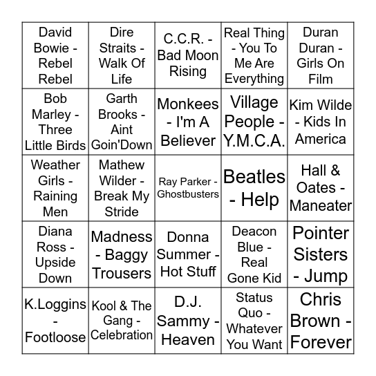 D.J. Daves Pop Music Bingo Game Bingo Card